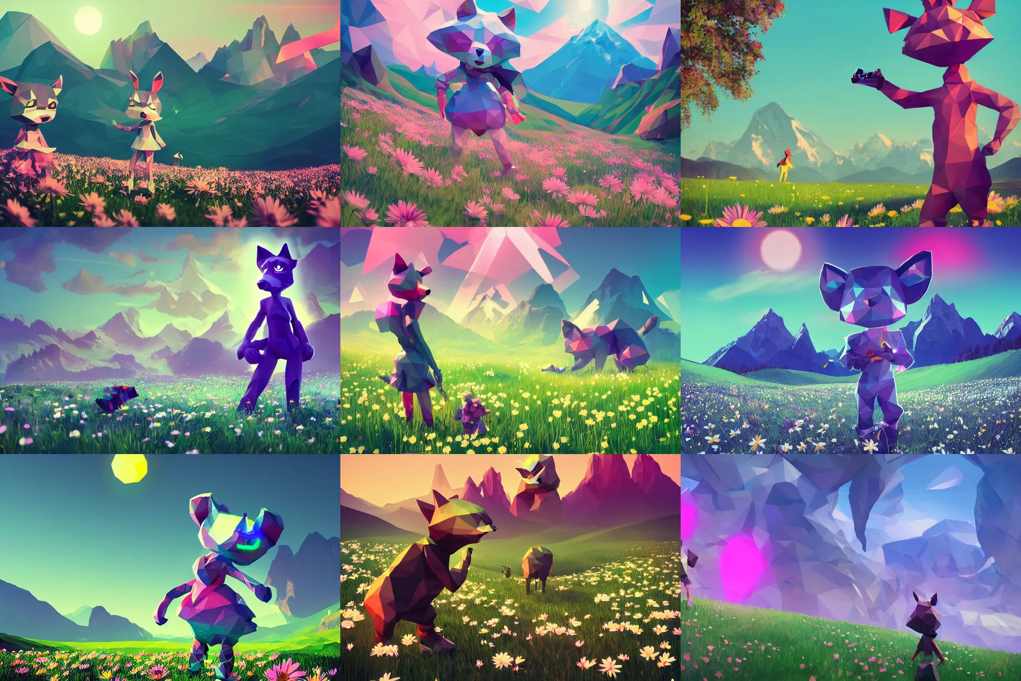 Prompt: lowpoly ps 1 playstation 1 9 9 9 glowing neon anthropomorphic behemoths raccoon maid standing in a field of daisies wearing converse shoes, swiss alps in the distance digital illustration by ruan jia on artstation