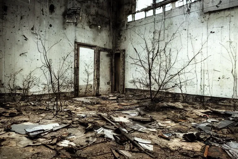 Prompt: matte paint andrey Tarkovsky stalker movie abandoned building interiors,
