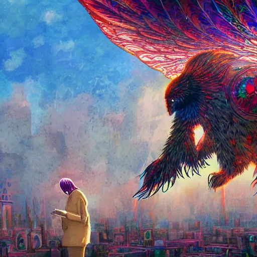 Image similar to 8K centered headshot Portrait of a psychedelic godlike mothman with giant mandala wings smoking a hand-rolled cigarette smoking heavily , magic mushroom village in background , post-processing , award winning. superb resolution. in the art style of Satoshi Kon and Greg Rutkowski . Detailed Mushroom city in background. Hyper realistic anime. Perfect art. Dalle2