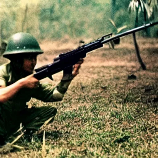 Image similar to “ hamster in the vietnam war, firing his m 1 6, action shot, highly detailed, film photograph ”