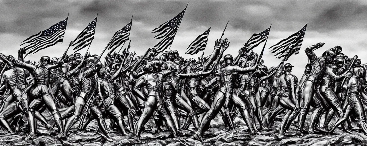 Image similar to androids raising the flag on iwo jima in the style of alex grey and hr giger