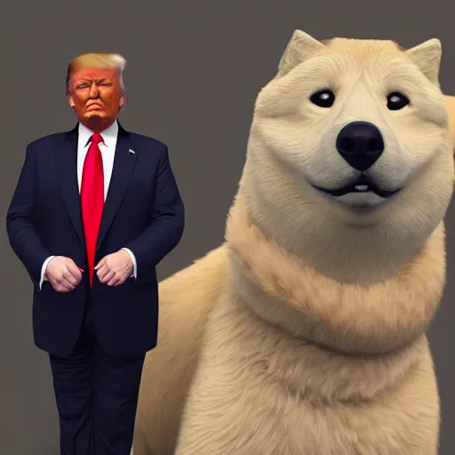 Image similar to Donald Trump with doge body, realistic artstyle, wide shot, dramatic lighting, octane render, hyperrealistic, high quality, highly detailed, HD, beautiful, cinematic, 8k, unreal engine, facial accuracy, symmetrical