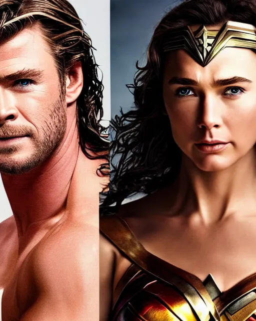 Prompt: Chris Hemsworth with Wonder Woman clothes, Vogue cover photo, realistic face, detailed face, highly detailed, professional photo