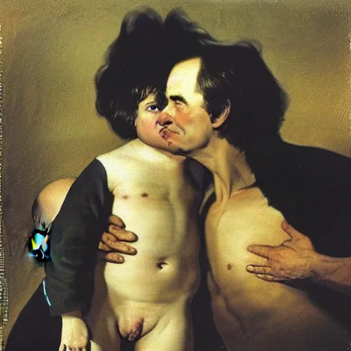 Image similar to putin kissing a boy in the tummy oil painting by francisco goya