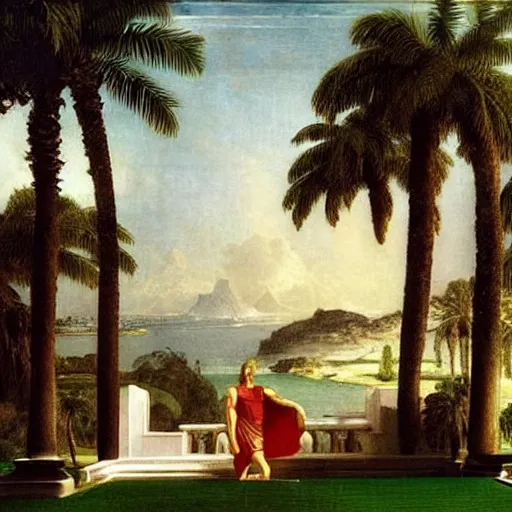 Image similar to The biggest palace ever made, thunderstorm, greek pool, beach and palm trees on the background major arcana sky, by paul delaroche, magazine photo from 2007, hyperrealistic 8k, very detailed