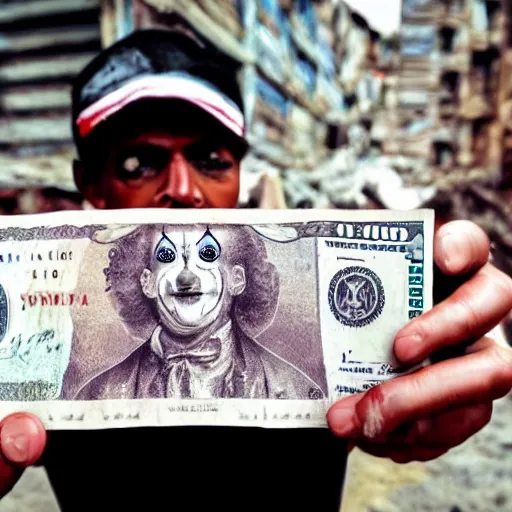 Image similar to A clown holding a dollar banknote, background is a slum, cinematic, epic, highly-detailed, photo realistic