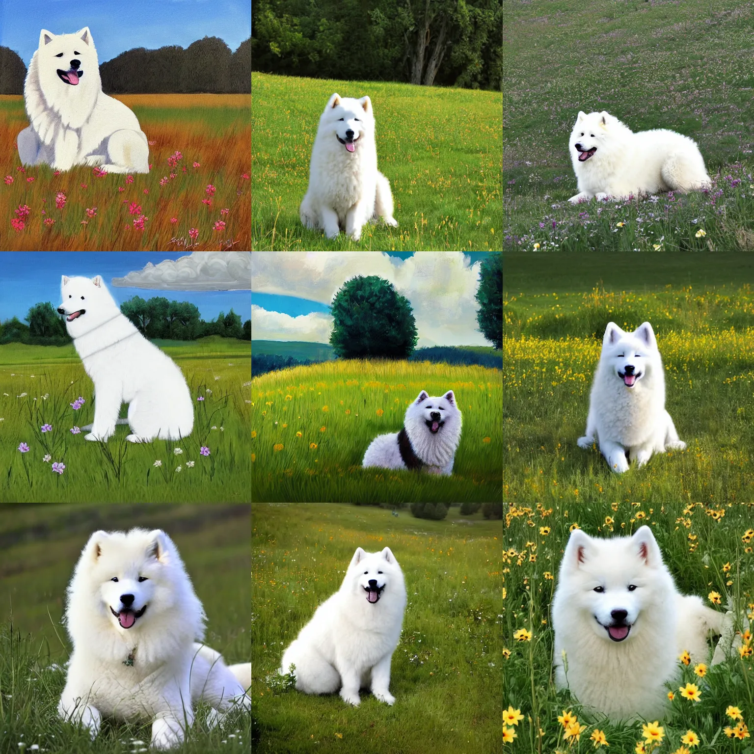 Prompt: a samoyed dog sitting in the middle of sunny meadow, by Dan Mora