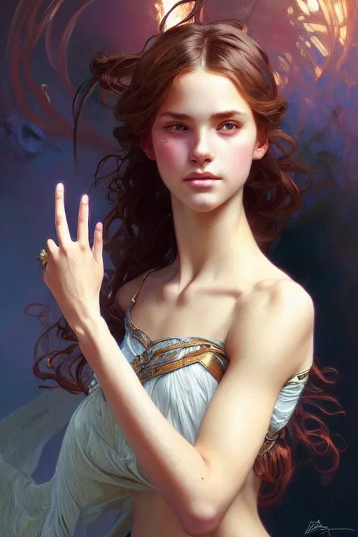 Prompt: prerafaelite portrait of a single young teen model looking moved and touched, upper body, fantasy, intricate, elegant, highly detailed, digital painting, artstation, concept art, matte, sharp focus, illustration, art by Artgerm and Greg Rutkowski and Alphonse Mucha