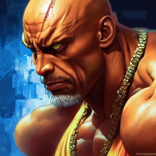 Image similar to the rock as dhalsim from street fighter, 4 k, ultra realistic, detailed focused art by artgerm and greg rutkowski and alphonse mucha