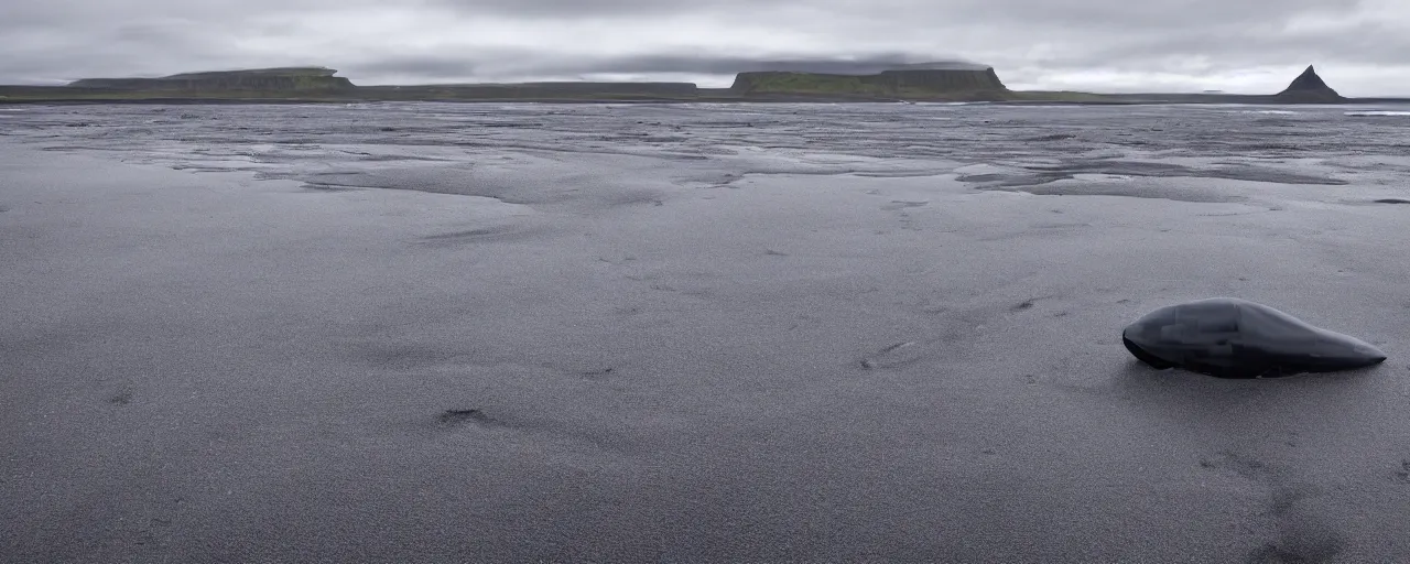 Image similar to low angle cinematic shot of giant futuristic military spacecraft in the middle of an endless black sand beach in iceland with icebergs in the distance,, 2 8 mm