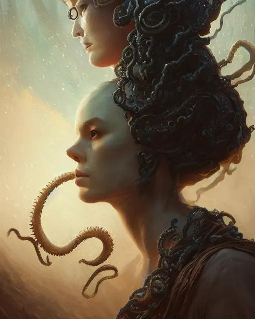 Image similar to Lovecraftian horror, gorgeous, portrait, powerful, intricate, beautiful, masterpiece, elegant, volumetric lighting, back lighting, rimlight, dramatic lighting, digital painting, highly detailed, artstation, sharp focus, illustration, Artgerm, Jean-Léon Gérôme , ruan jia