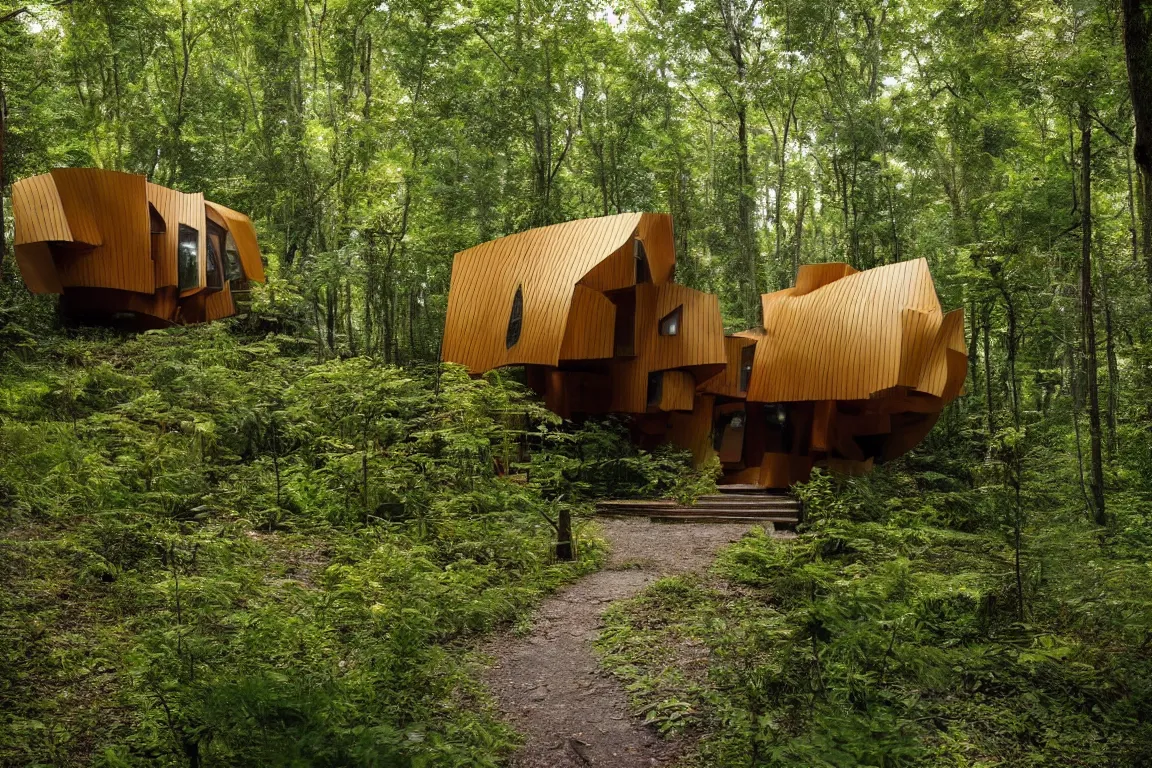 Prompt: a tiny leveled house in a forest, designed by Frank Gehry. Big tiles. Small wooden pathway . Film grain, cinematic, yellow hue