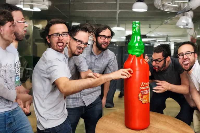 Image similar to a group of software engineers battle a giant Tabasco bottle