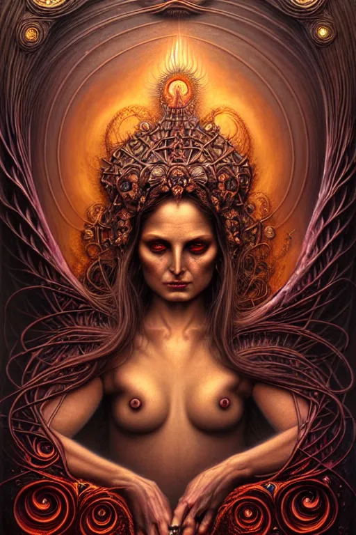 Image similar to A beautiful detailed goddess woman super dark tarot card, by tomasz alen kopera and Justin Gerard, 3rd eye open, beautiful symmetrical features, ominous, magical realism, texture, intricate, ornate, royally decorated, melting, whirling smoke, embers, red adornements, red torn fabric, radiant colors, fantasy, trending on artstation, volumetric lighting, micro details, 3d sculpture, ray tracing, 8k, anaglyph effect