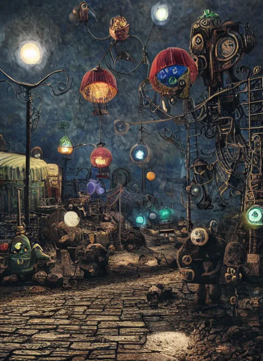 Image similar to Alexander Jansson style, A lunar landscape, darkness, nocturnal lighting, colored spotlights, psychdelic lights, gloom, fast food stalls and street market, extraterrestrials with psychedelic costumes walking and old robots buying and eating, realistic, many details, octane Render Ultra Detailed detailed detailed, Unreal Engine 5, HDRI,