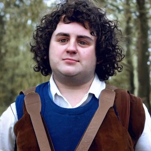 Image similar to close up headshot of a frowning clean shaven pudgy British lad with short curly dark brown hair as a hobbit wearing a white men's crossbody sling chest bag and blue vest, blue vest!! white crossbody chestbag!! high resolution film still, by Lara Jade