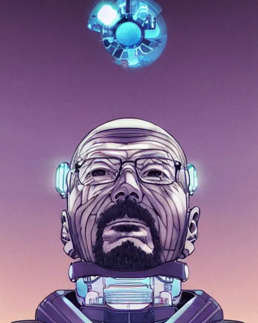 Image similar to portrait of walter white as a robot, cybernetic enhancements, art by makoto shinkai and alan bean, yukito kishiro