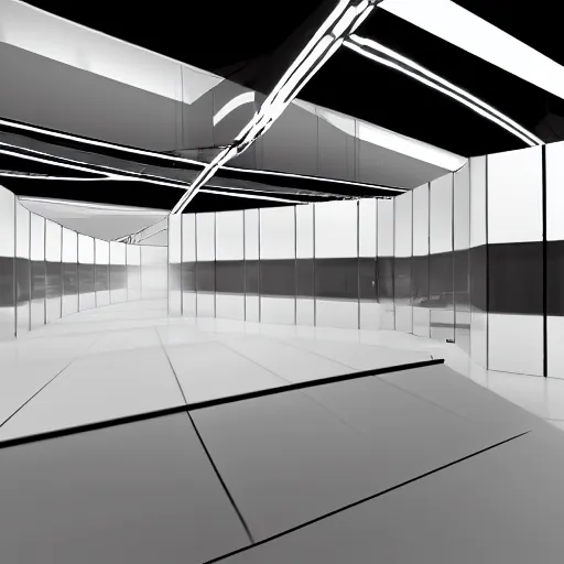 Image similar to Exhibiton with guests and terminals with several geometric shapes in endless dark cube with white contours. Realistic Concept Art photography