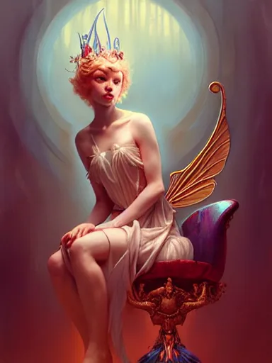 Prompt: the fairy queen on her throne, by james jean, charlie bowater, tom bagshaw, nikolay makovsky : : portrait, character, illustration, hyperrealism, photorealism, digital art, concept art, fantasy, whimsy, weta, wlop, artstation