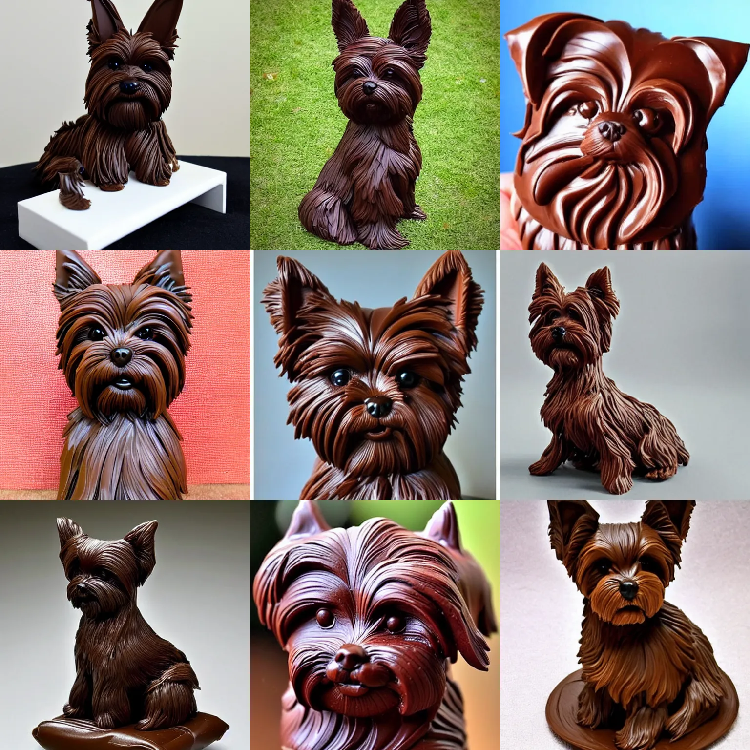 Prompt: a beautiful sculpture of a very cute yorkshire terrier made out of chocolate.