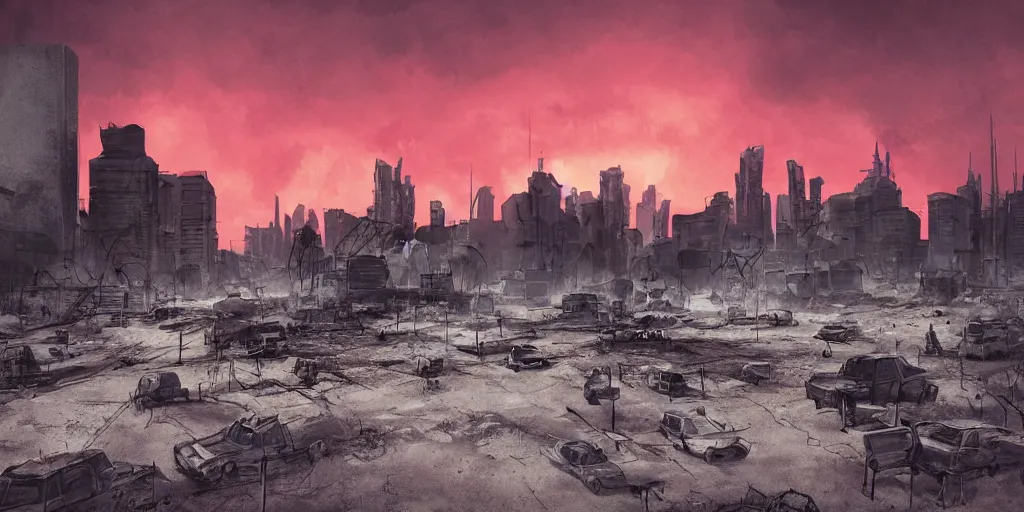 Image similar to post apocalyptic city with burning red sky