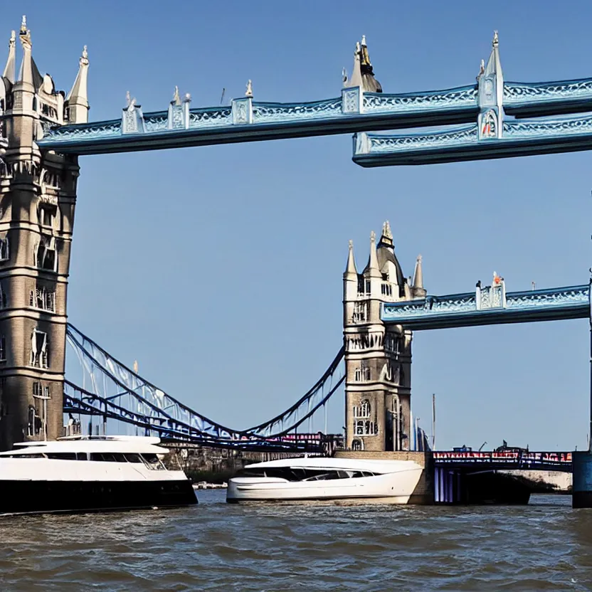 Prompt: photo of yacht next to tower bridge