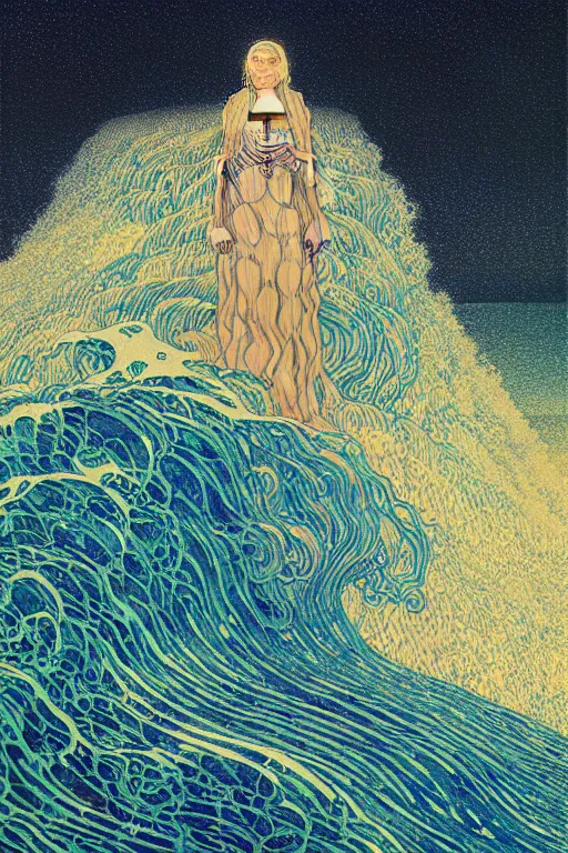Image similar to a sea witch summoning a giant wave by dan mumford and gustav klimt and john harris and jean delville and victo ngai, highly detailed, photorealism, hyperrealistic