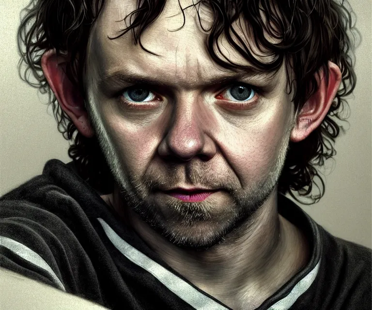 Image similar to a detailed fifty mm portrait of dominic monaghan as a hobbit in a black adidas track suit with white stripes, headshot, highly detailed, digital painting, artstation, concept art, sharp focus, cinematic lighting, illustration, art by met mangindaan, artgerm and greg rutkowski, alphonse mucha, cgsociety