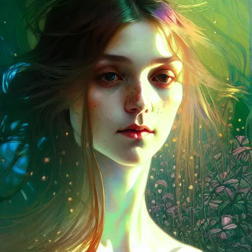 Image similar to Girl have a psychedelic experience, magic mushrooms, psilocybin, face, detailed, intricate, elegant, highly detailed, digital painting, artstation, concept art, smooth, sharp focus, illustration, art by Krenz Cushart and Artem Demura and alphonse mucha