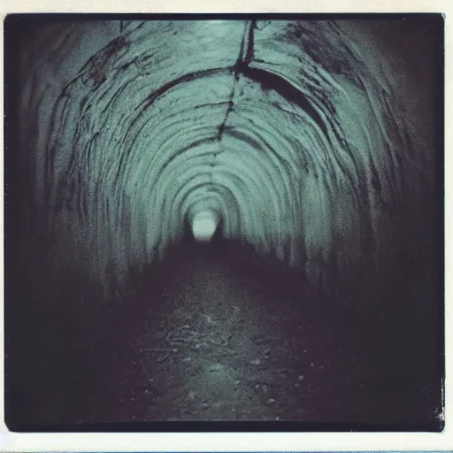 Image similar to a dark and narrow glacier tunnel, dark, creepy, eerie, unsettling, terrifying, old polaroid, expired film, deep,