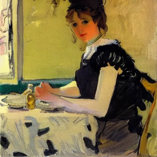 Prompt: a young beautiful lady is sitting at the table, in style of Valentin Serov,