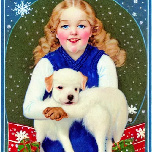 Prompt: cute young girl with blue eyes and dark blonde wavy hair holding one cute white puppy, in style of Norman Rockwell , classic, vintage, festive, holiday christmas card