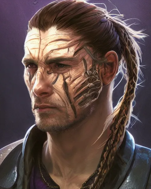 Image similar to '' Face portrait of a handsome scarred fighter, reptile skin, purple eyes, long hair with a ponytail , sci-fy, cyberpunk, high detail, 4k , digital painting, artstation, concept art, sharp focus, illustration, art by greg rutkowski and alphonse mucha ''