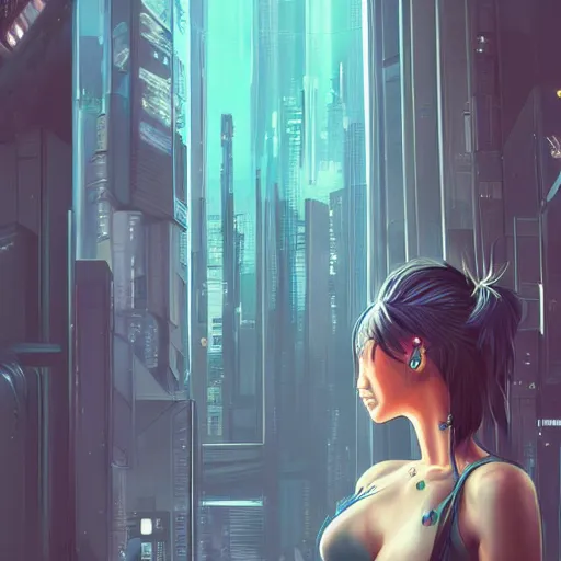 Image similar to art by rossdraws, portrait of cyberpunk woman looking out of a window, cyberpunk setting, futuristic, highly detailed, intricate lighting, digital painting, sharp focus, illustration, trending on artstation.