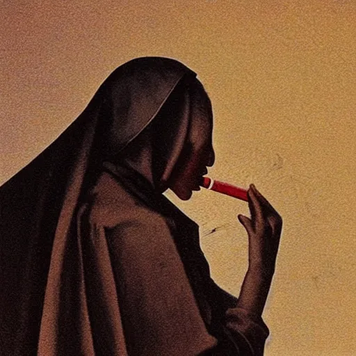 Image similar to a young black nun smoking and puffing lots of smoke, minimalistic background, by Beksinski