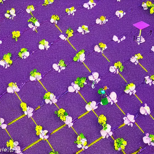 Image similar to closeup photo of 1 lone purple petal flying above a children in playground, aerial view, shallow depth of field, cinematic, 8 0 mm, f 1. 8 - c 1 1. 0