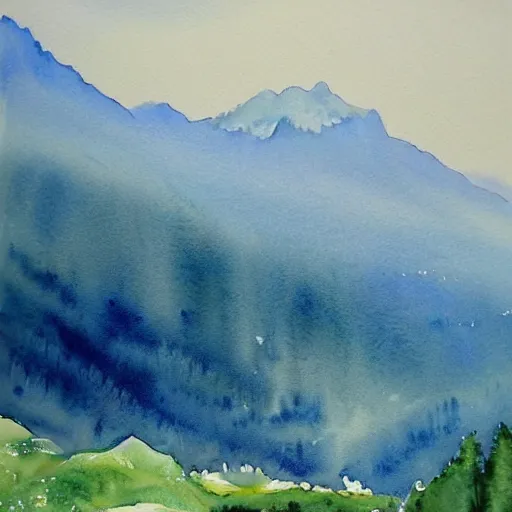Image similar to landscape with serene mountains, very beautiful award-winning watercolor painting by a very talented artist