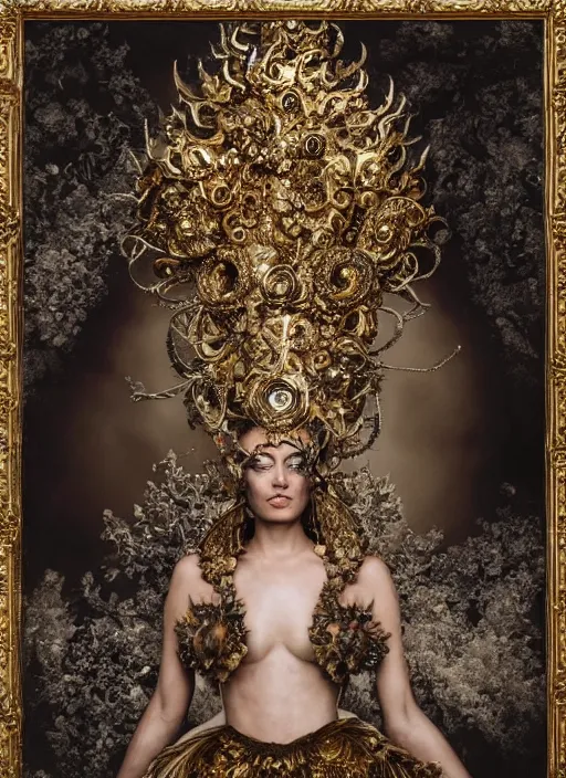 Image similar to a portrait of angelina jollie by stefan geselle and nekro borja, photorealistic, intricate details, hyper realistic, fantasy, elegant, baroque gold headpiece, photorealistic, canon r 3, photography, wide shot, symmetrical features, symmetrical pose, wide angle shot, head to toe, standing pose, feet on the ground, wearable art