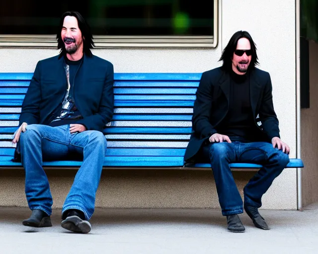 Image similar to 5 5 mm photo of happy keanu reeves in blue jeans and black jacket sitting on a bench in the street. dof. lifelike. ultra detailed. intricate. soft light. nikon d 8 5 0.