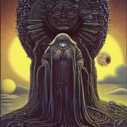 Image similar to THE QUEEN OF THE MOON by jacek yerka, alex gray, zdzisław beksiński, dariusz zawadzki, jeffrey smith and h.r. giger, oil on canvas, 8k highly professionally detailed, trending on artstation