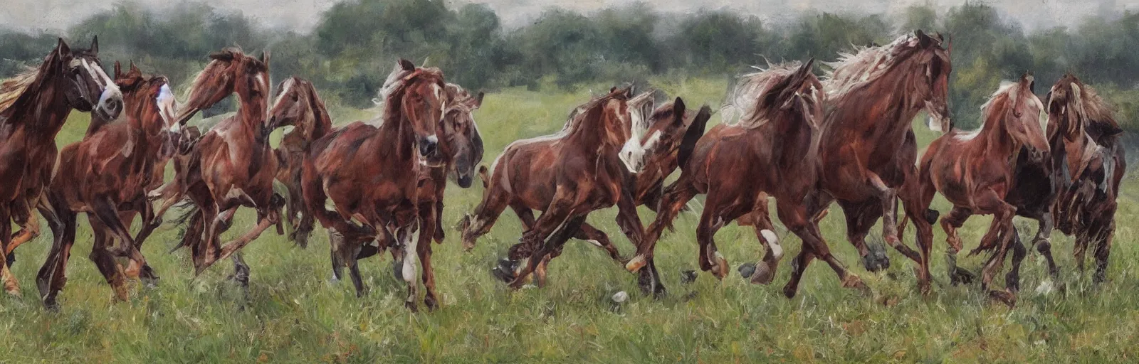 Image similar to lots of horses running through the field, hyper realistic, more details, they might be crawling, original oil on canvas painting by sydney mount