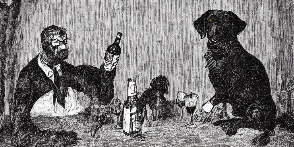 Image similar to illustration of a man with a black dog head drinking beer by richard scary