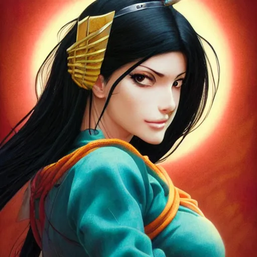 Prompt: highly detailed vfx portrait of nico robin by eiichiro oda!, yusuke murata, magali villeneuve, greg rutkowski, makoto shinkai, tom bagshaw, alphonse mucha, sharp focus, art by artgerm and stanley kubrick, backlit, johannes vermeer, fiona staples, harsh overhead sunlight,