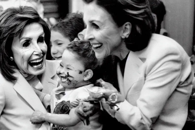 Image similar to Photograph of Nancy Pelosi smiling and eating a small child. Blood is everywhere.