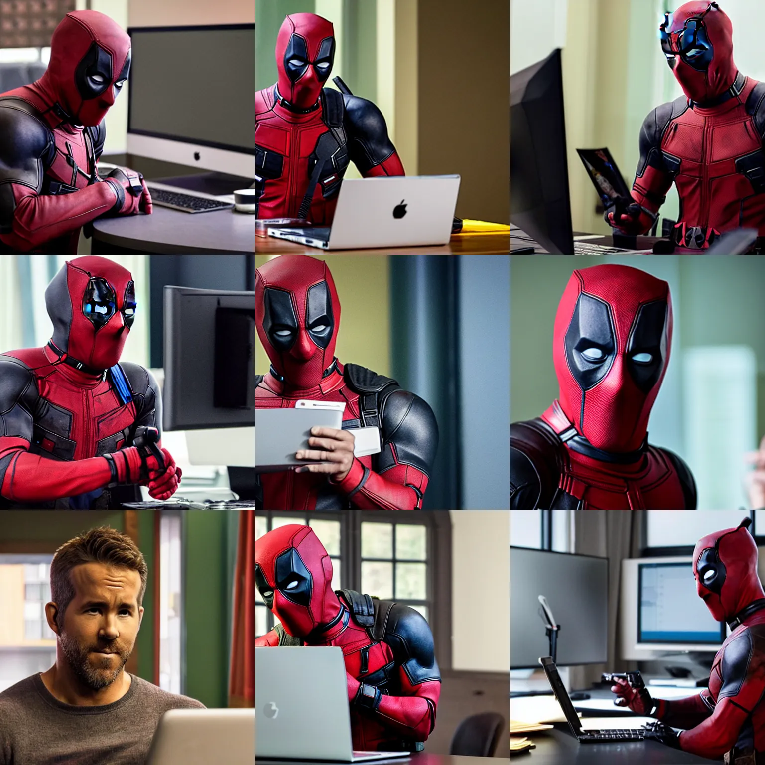 Prompt: ryan reynolds as deadpool browsing discord on his computer, bag of doritos on desk, photograph