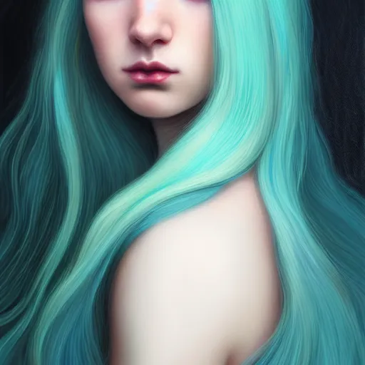 Image similar to portrait of girl with pale teal hair, luna moth, uniquely beautiful, fantasy, intricate, elegant, dramatic lighting, emotionally evoking symbolic metaphor, highly detailed, lifelike, photorealistic, digital painting, artstation, concept art, smooth, sharp focus, illustration, art by John Collier and Albert Aublet and Krenz Cushart and Artem Demura and Alphonse Mucha