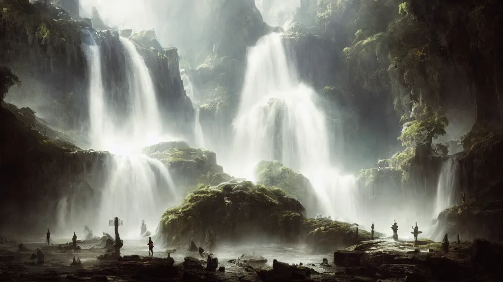 Image similar to the elven kingdom lies beneath the great underground waterfall. andreas achenbach, artgerm, mikko lagerstedt, zack snyder, tokujin yoshioka