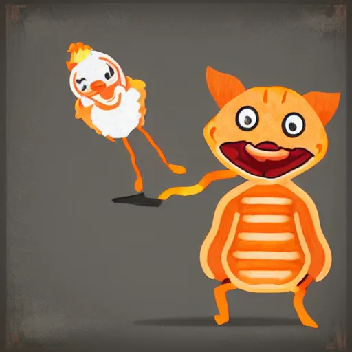 Image similar to anthropomorphic bacon strip, the bacon is sword fighting an orange tabby, realism