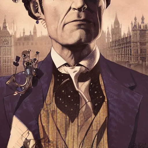 Prompt: [UHD Professor Moriarty as a GTA villain on on a London rooftop in futuristic steampunk London, correct faces, intricate, elegant, graphic detail, digital painting, trending on artstation, concept art, tonalism, sharp focus, illustration, art by Annie Leibowitz and Greg Rutkowski and Alphonse Mucha]