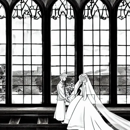 Prompt: a beautiful picture of the window of the church, a bride and a groom, sky, by makoto shinkai, - w 7 6 8